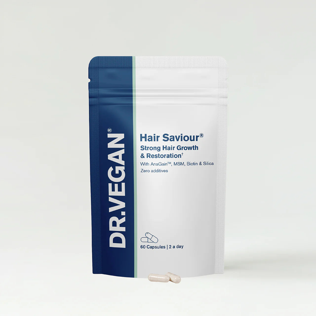 DR. VEGAN Hair Saviour supplement package on a white background.