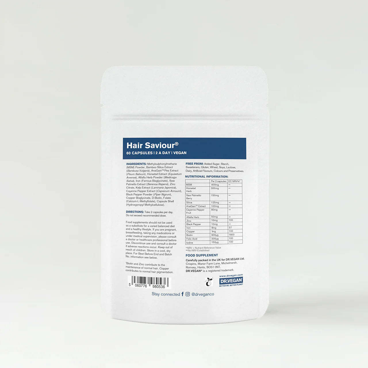 Hair Saviour supplement package with nutritional information on a white background.