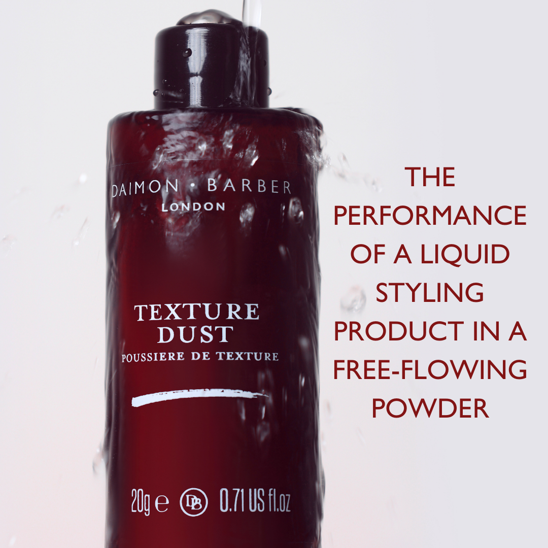 Texture Dust bottle with water flowing on it with text on white background listing benefits