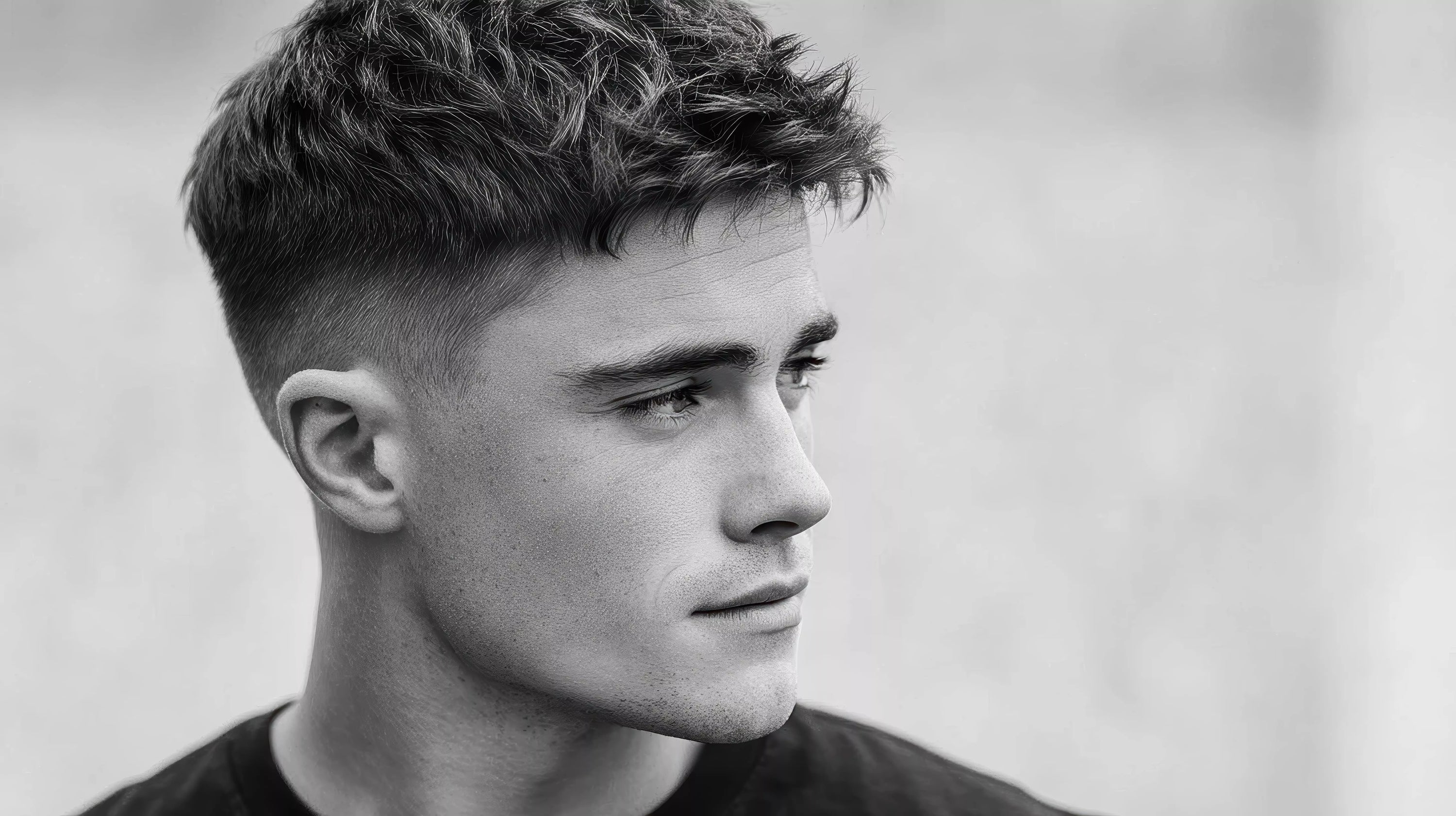 Black and white side profile of male model with short textured hair