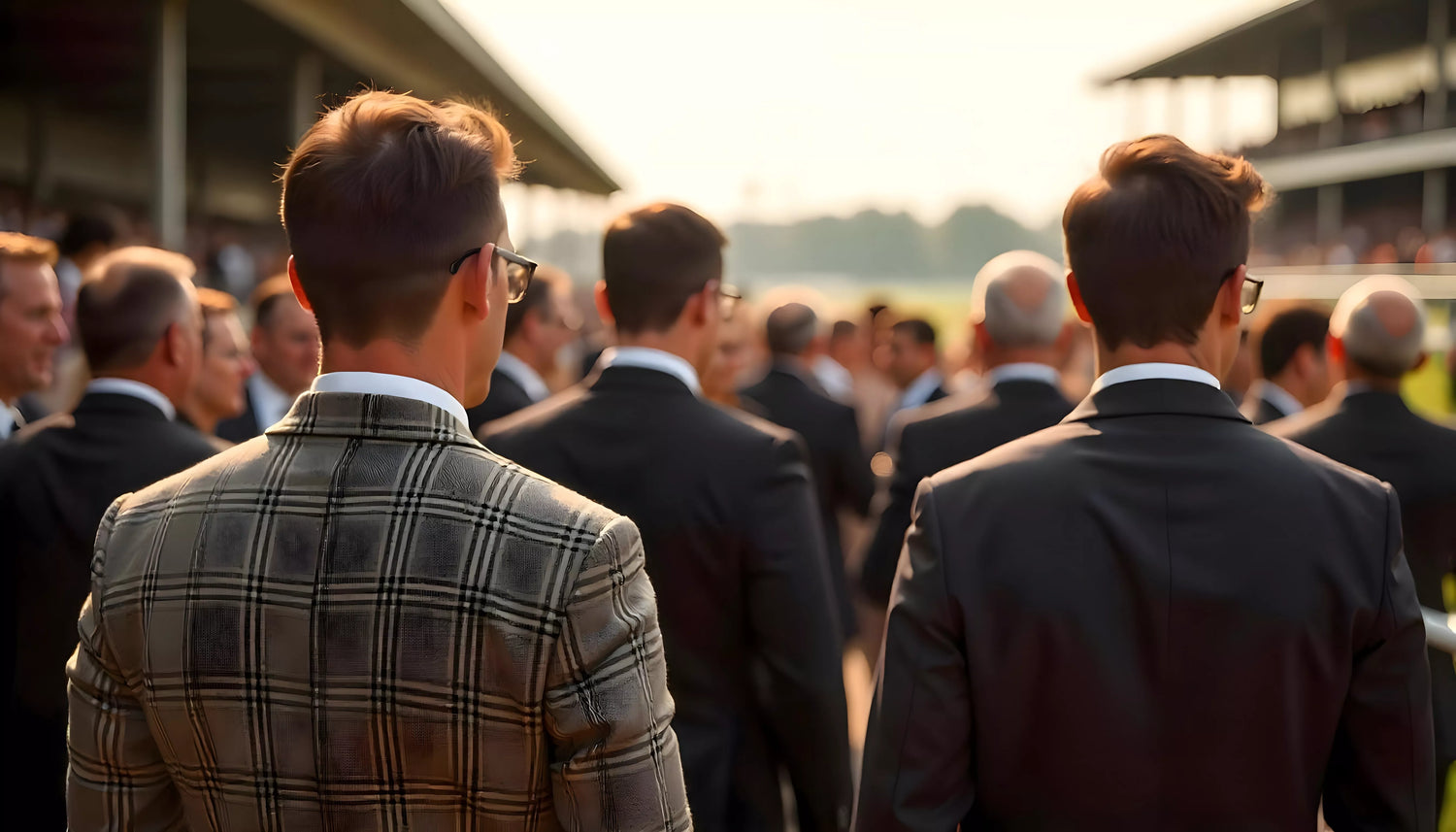 Men in suits looking onto horse racing course in the stands