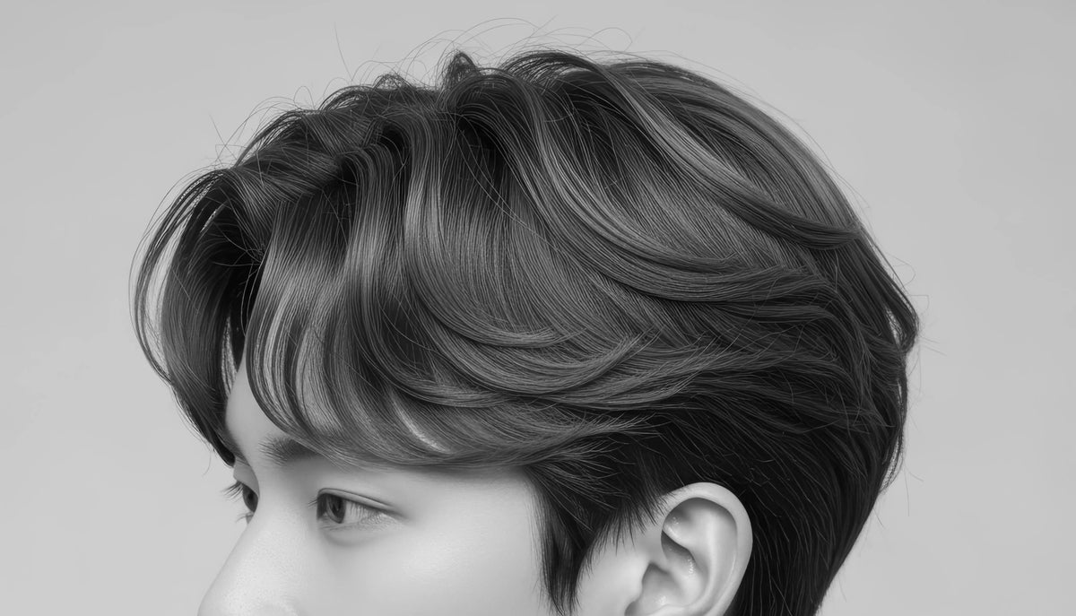 Headshot of male model with curtains haircut in black and white