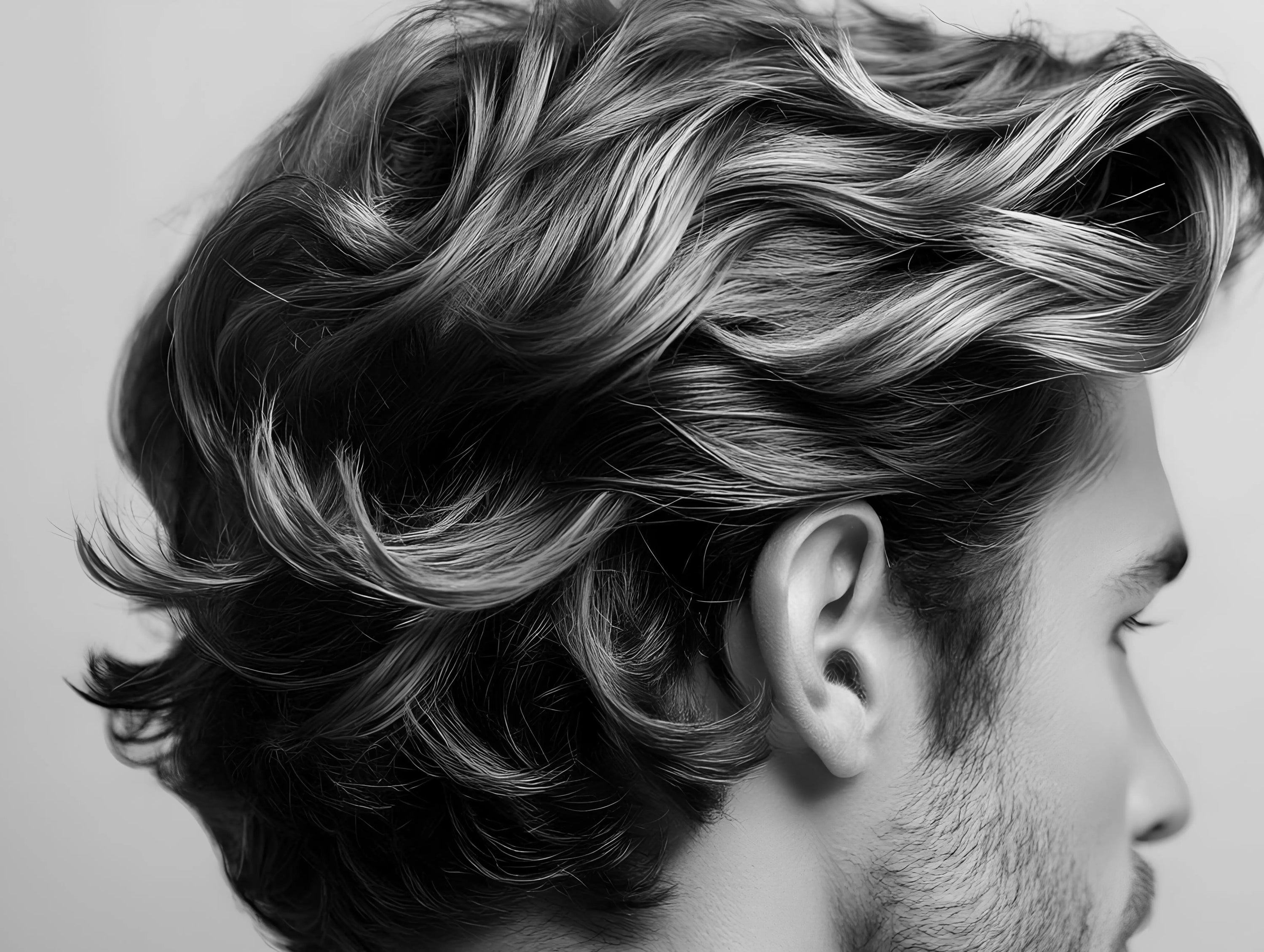 Shot of male model with flow hair cut in black and white