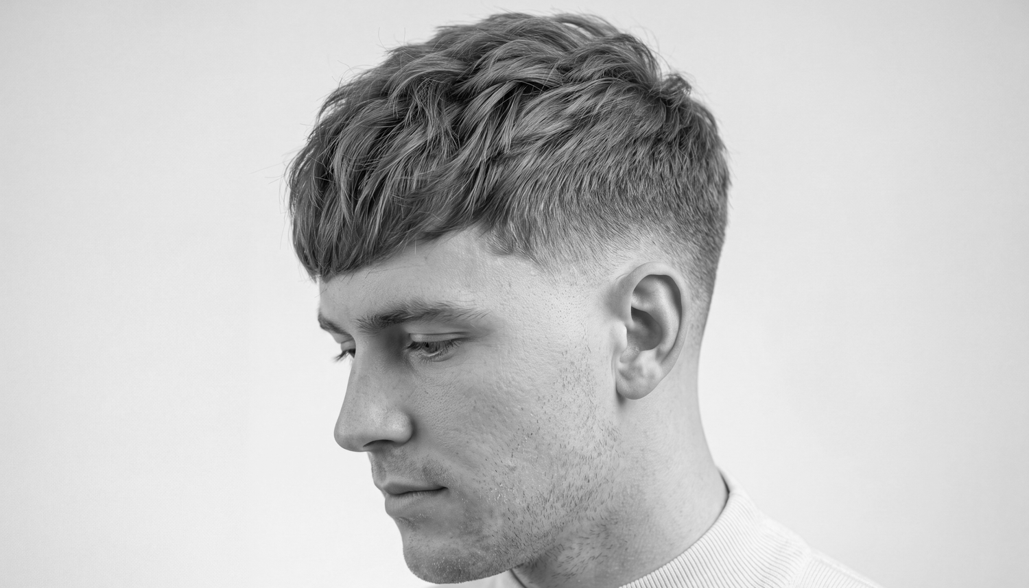 Man with textured crop haircut in black and white