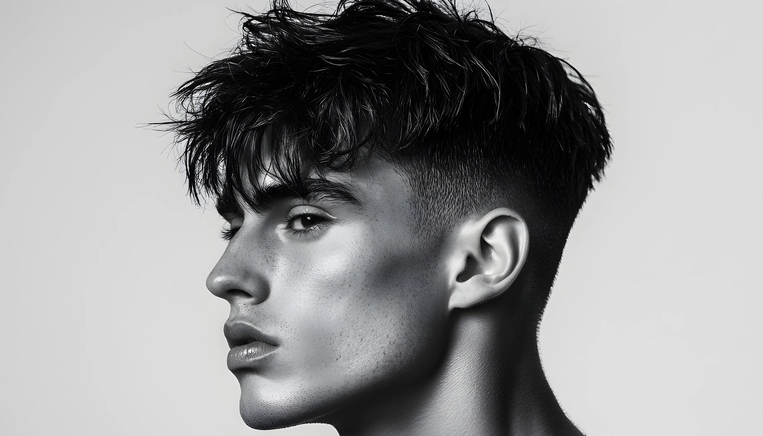 Black and white shot of male model with warrior cut