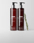 Two bottles of shampoo and conditioner with rosemary on a grey background.