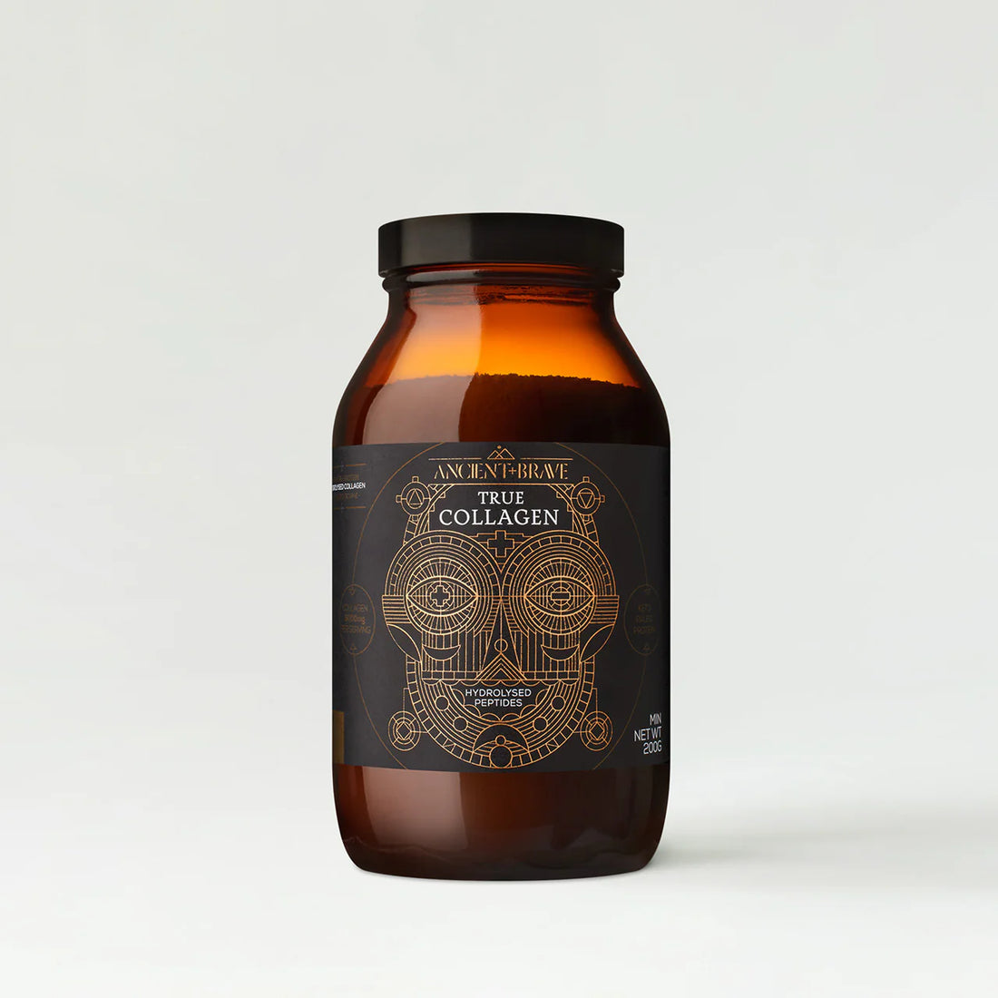 Amber glass collagen supplement bottle with decorative label on a light gray background