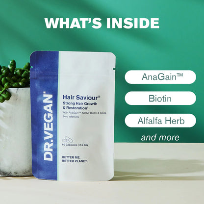 Dr. Vegan Hair Saviour package with ingredients listed on a green background.