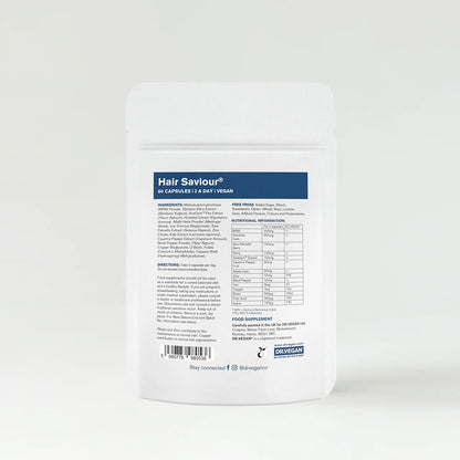 Hair Saviour supplement package with nutritional information on a white background.